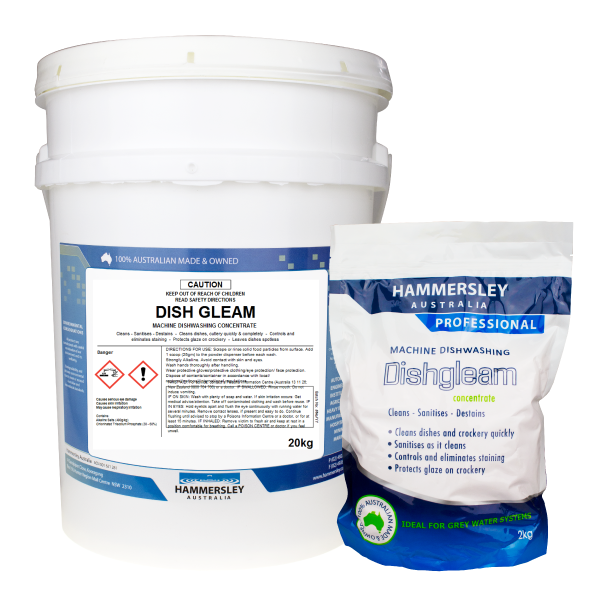 hammersley's dish gleam dishwashing powder 2kg soft pack and 20kg bucket
