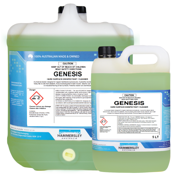 hammersley's genesis industrial cleaner, disinfectant, sanitiser and deodoriser 5lt and 20lt bottles