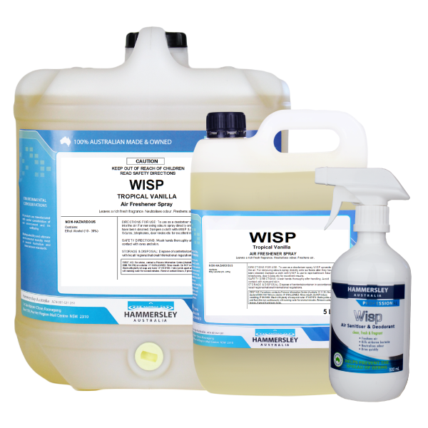 hammersley's wisp air sanitiser and deodoriser spray 500ml, 5lt and 20lt bottles